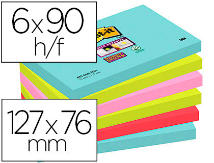 6 blocs de 90 de notas adhesivas quita y pon Post-it Super Sticky 76x127mm. colores surtidos